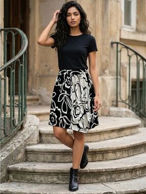 Nicole Benisti Black White Floral Above Knee Flirty Flared Party Skirt Sz 6